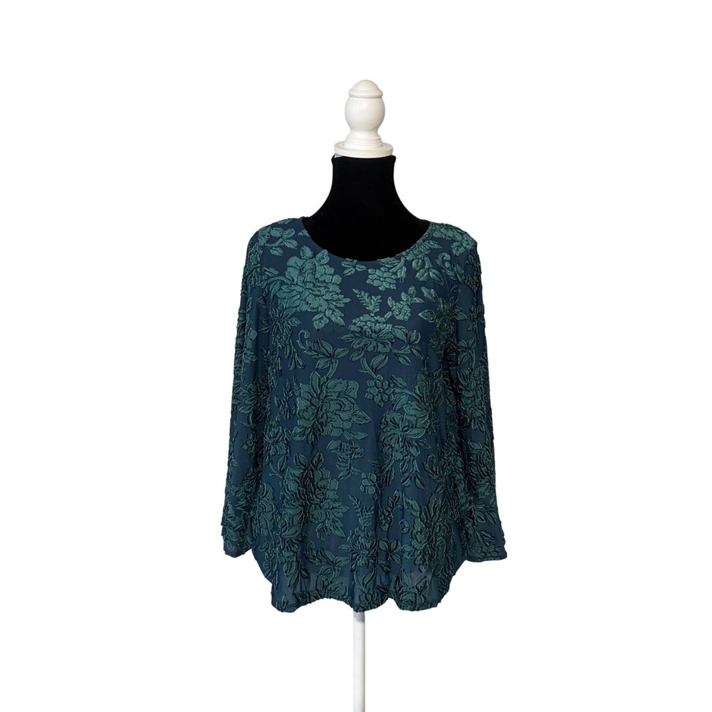 Figueroa & Flower Green Floral Burnout Velvet Top Womens L Boho Open Back